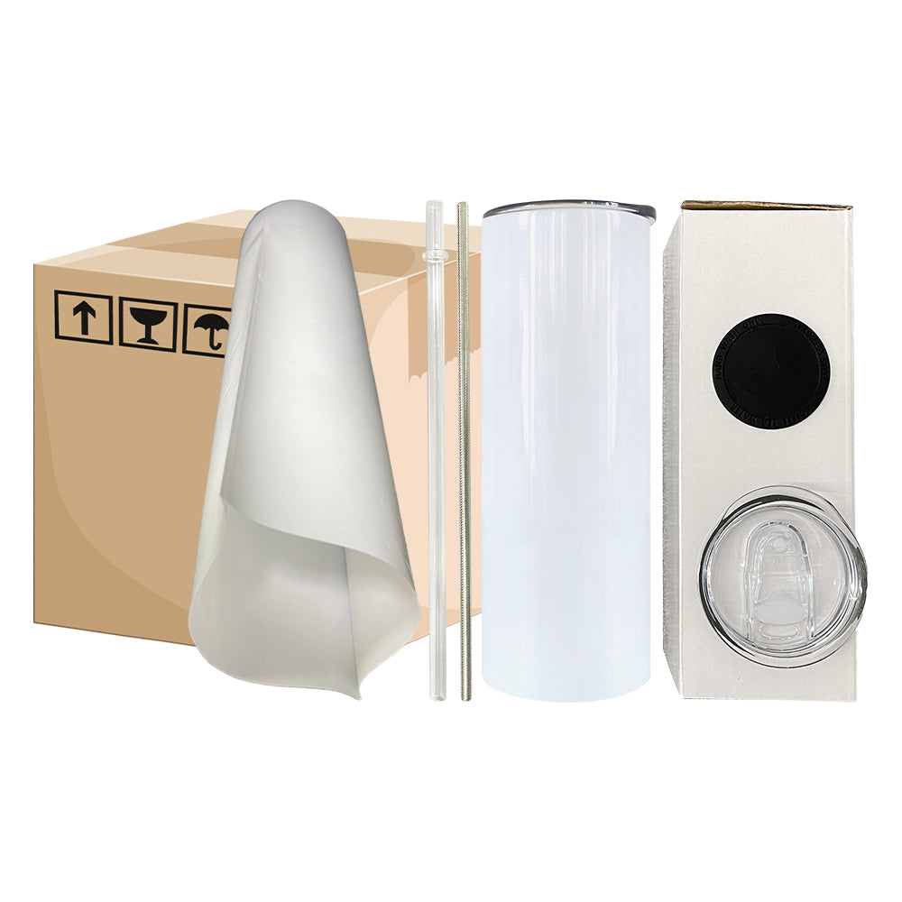 50 Pack 20oz Skinny Tumblers 90 Degree Flat Edge Inside Seamless Stainless Steel White Blank Sublimation Straight Tumbler With Plastic Straw & Black Silicone Gasket_GGblanks