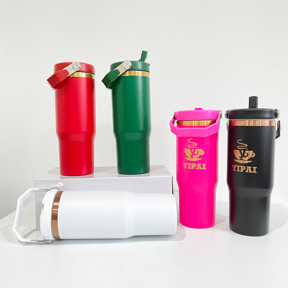 25 Pack 30oz Gold/Copper Plated Christmas Green Red Pink Black White Water Bottles with Flip Straws_GGblanks