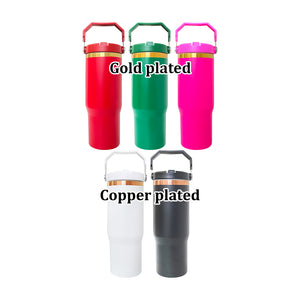 25 Pack 30oz Gold/Copper Plated Christmas Green Red Pink Black White Water Bottles with Flip Straws_GGblanks