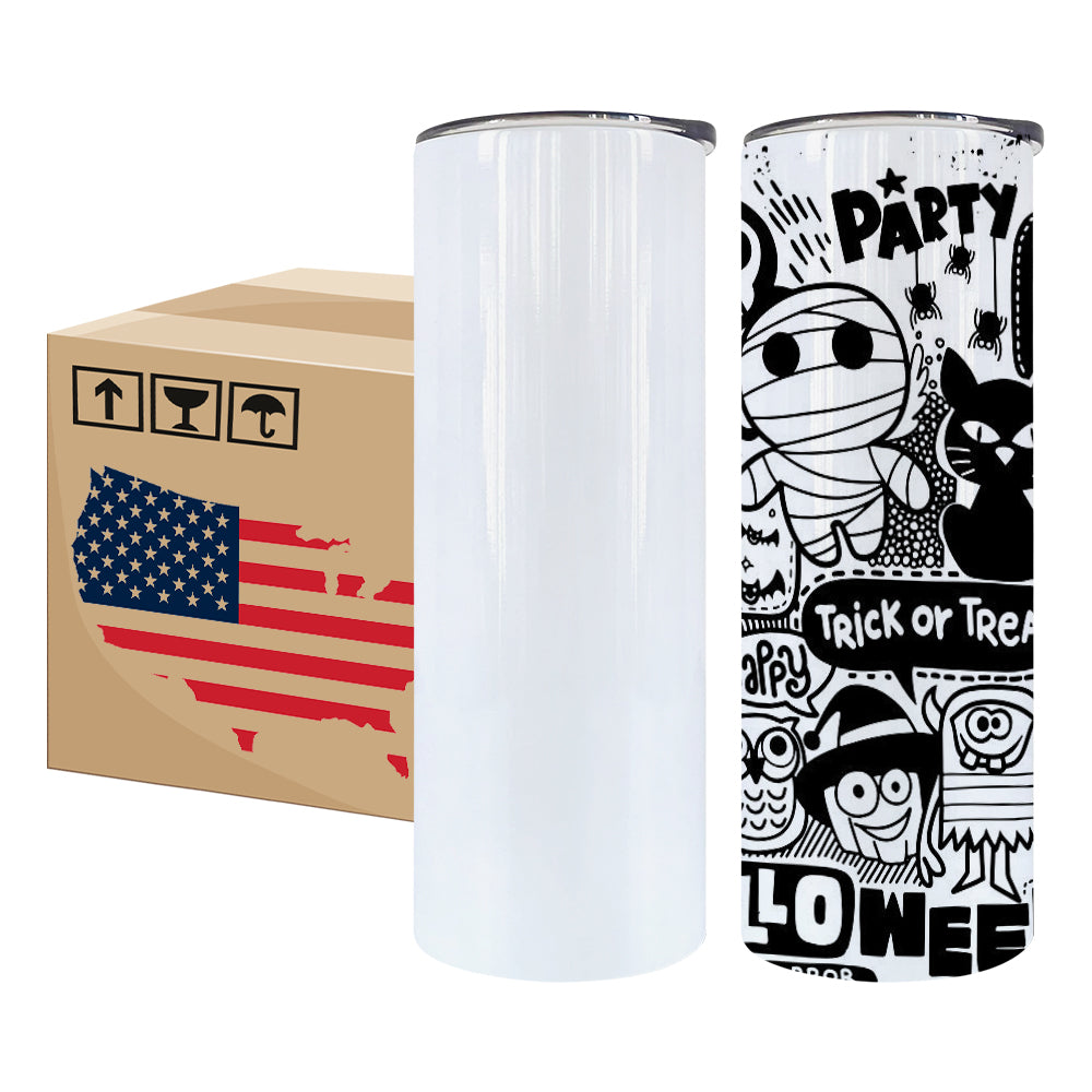 50 Pack 20oz Skinny Tumblers 90 Degree Flat Edge Inside Seamless Stainless Steel White Blank Sublimation Straight Tumbler With Plastic Straw & Black Silicone Gasket_GGblanks