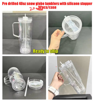 20 Pack GGblanks Glitter 40oz Clear Acrylic Snow Globe Cups Plastic Double Wall Tumbler with Pre Drilled Hole and Plug for UV DTF Transfer Wrap_GGblanks