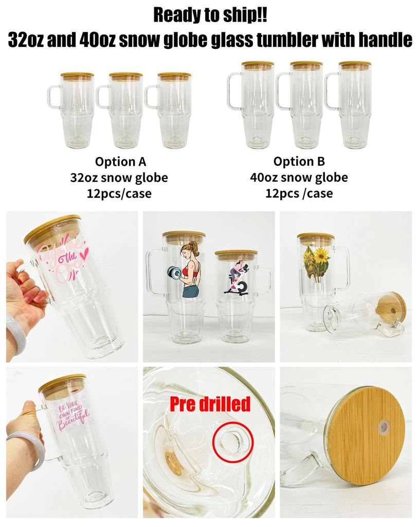 12 Pack 32oz 40oz Predrilled Glass Snow Globe Tumblers with Bamboo Lids Straws and Plugs for Sublimation_GGblanks