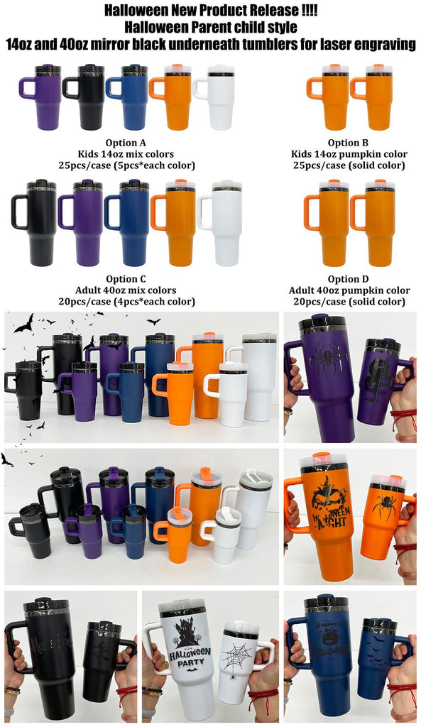 20 Pack 25 Pack Halloween 14oz/40oz Mirror Black Mirror Underneath Powder Coated Quencher Tumbler_GGblanks