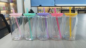 🔥😍16oz Rainbow Plated Glass Cans with Colorful Plastic Lids for Sublimation and UV DTF Wraps_GGblanks