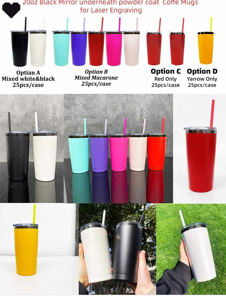 25 Pack Yeti Style 20oz Black Plated Red Chocolate Colorful Car Cups Power Coated Tumblers with Colorful Straws_GGblanks