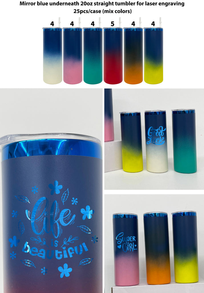25 Pack 20oz Ombre Powder Coated Mirror Blue Underneath Straight Stainless Steel Tumblers for Laser Engraving_GGblanks