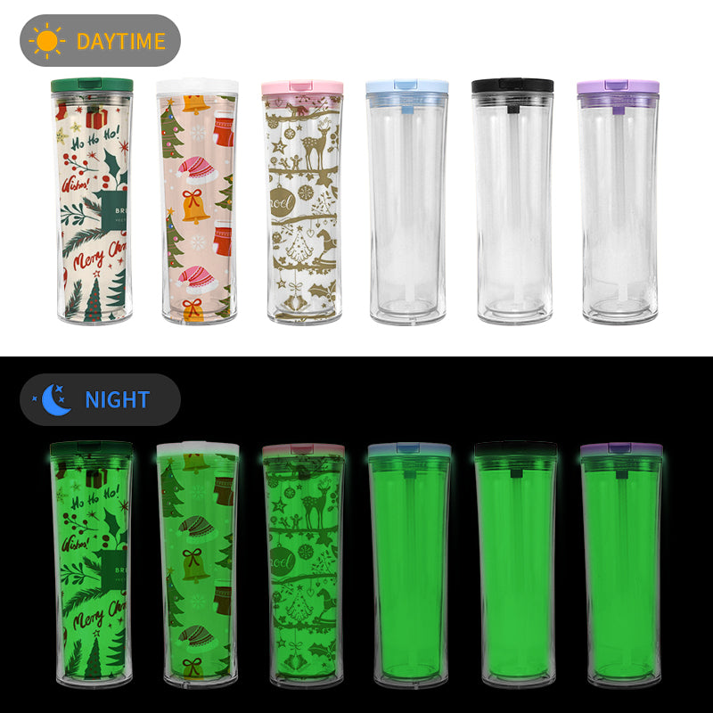 20 Pack China Warehouse Glow in dark Tumbler with Pre Drilled Hole 20oz Acrylic Snow Globe Double Wall Clear Plastic Cups_GGblanks