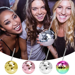 75 Pack New Design Silver Plastic Disco Ball Drinking Cup With Lid Clear Straw Bach_GGblanks