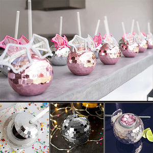 75 Pack New Design Silver Plastic Disco Ball Drinking Cup With Lid Clear Straw Bach_GGblanks