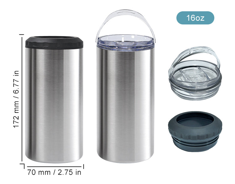 25 Pack China Warehouse double wall insulated vacuum 16oz sublimation 4 in 1 sliver stainless steel beer can cooler with 2lids_GGblanks