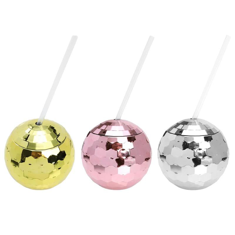 75 Pack New Design Silver Plastic Disco Ball Drinking Cup With Lid Clear Straw Bach_GGblanks