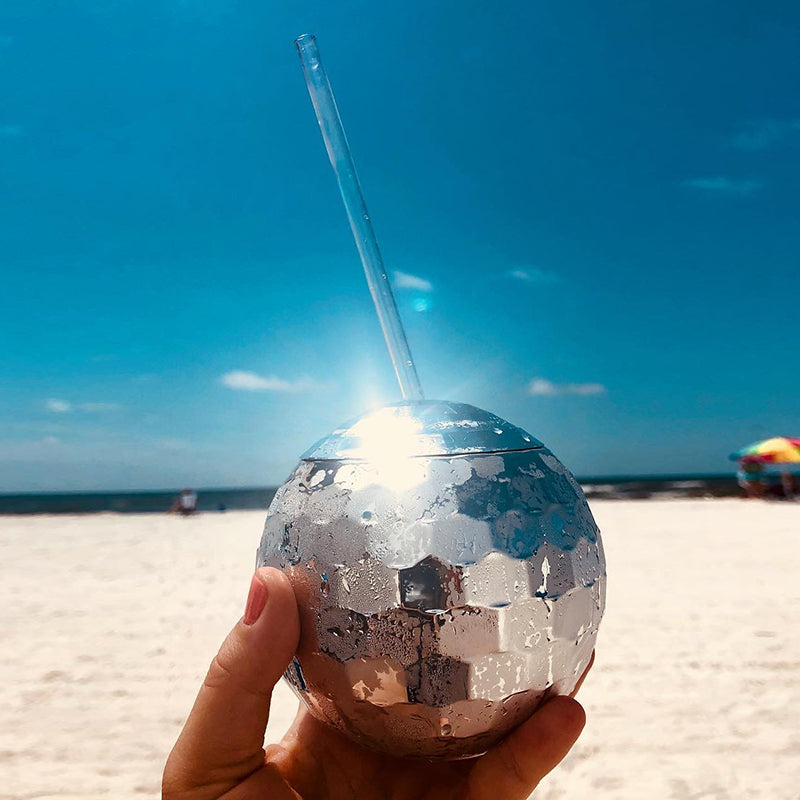 75 Pack New Design Silver Plastic Disco Ball Drinking Cup With Lid Clear Straw Bach_GGblanks