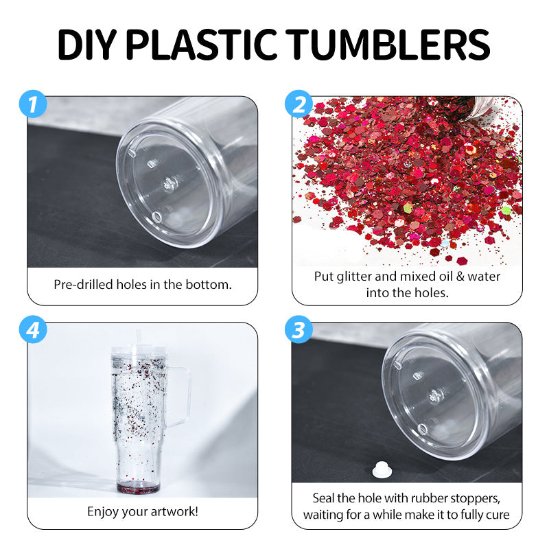20 Pack GGblanks Glitter 40oz Clear Acrylic Snow Globe Cups Plastic Double Wall Tumbler with Pre Drilled Hole and Plug for UV DTF Transfer Wrap_GGblanks