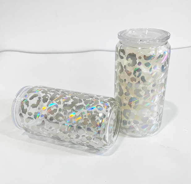 50 Pack USA RTS 16oz Clear Holographic Leopard Printed Glass cans with PP lids_GGblanks