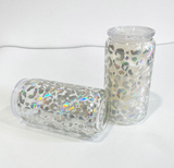 50 Pack USA RTS 16oz Clear Holographic Leopard Printed Glass cans with PP lids_GGblanks