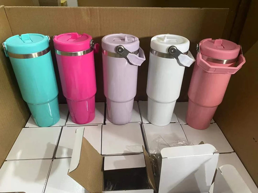 30oz GGblanks White/Macaron Colorful Student School Stanley Style 20oz 30oz Water Bottles Rainbow Plated Matte Glossy Tumblers with Flip Straw_GGblanks
