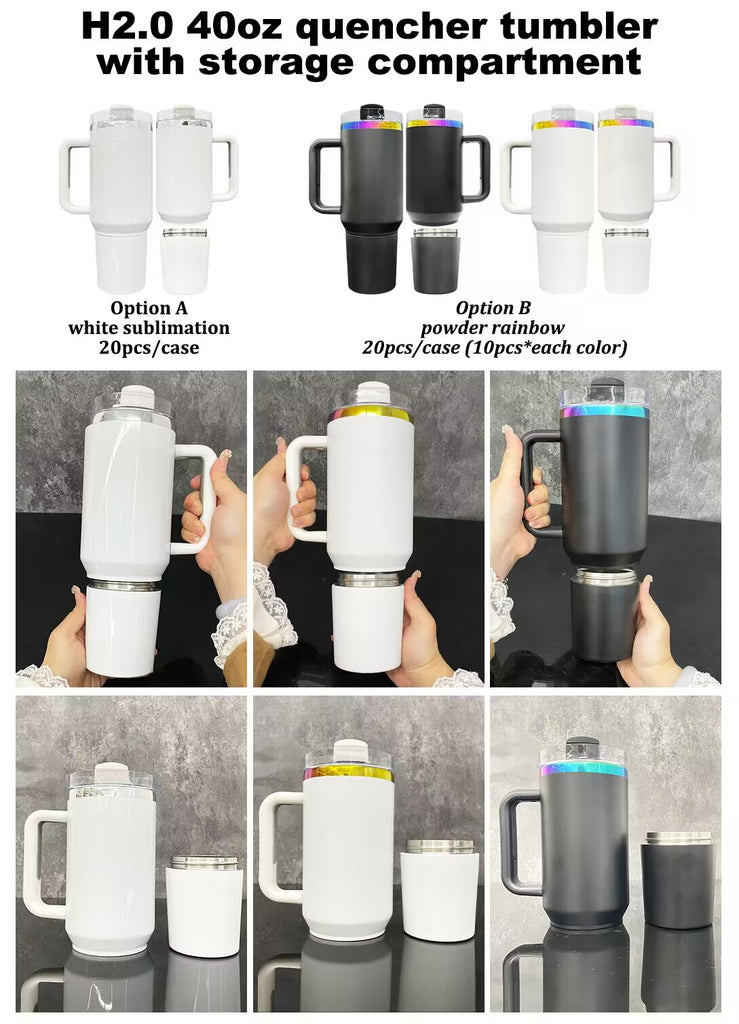 20 Pack GGblanks 2 in 1 40oz Quencher Tumbler with Snack Storage Compartment white for Sublimation& white Black Powder Rainbow Plated Tumblers for Laser Engraving_GGblanks