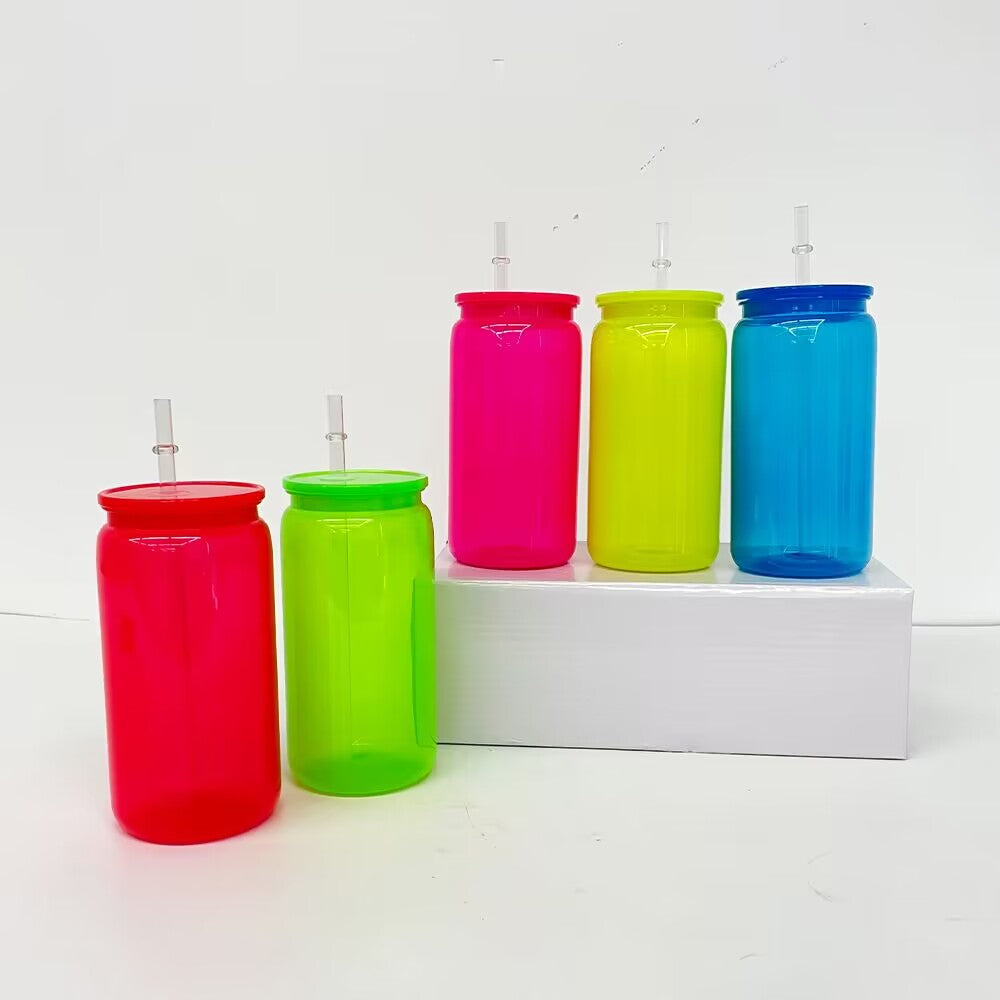 25 Pack 50 Pack 16oz Neon Glass Cans/Plastic 17oz Neon Mugs with Straws and Lids for Uv Dtf Wraps_GGblanks