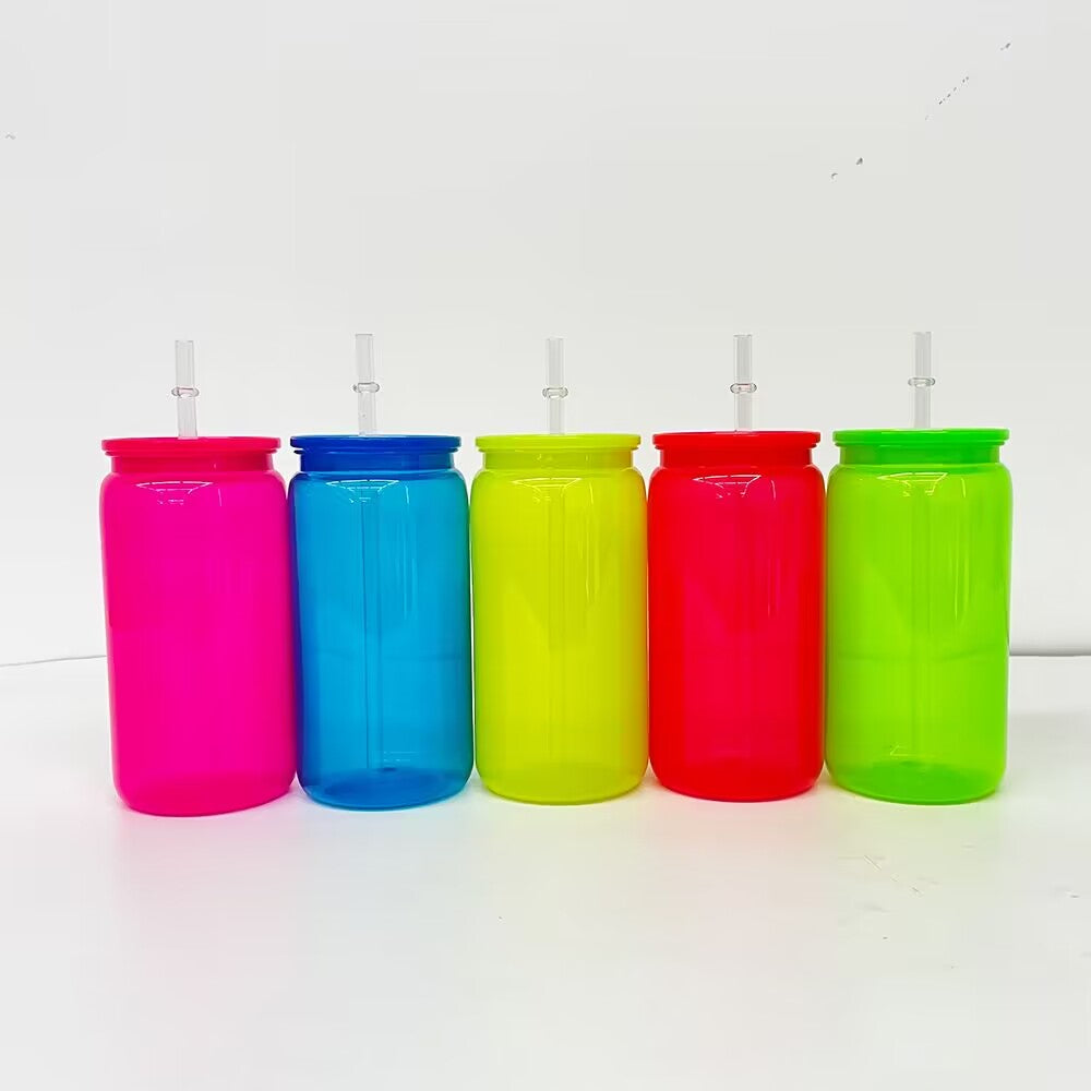 25 Pack 50 Pack 16oz Neon Glass Cans/Plastic 17oz Neon Mugs with Straws and Lids for Uv Dtf Wraps_GGblanks