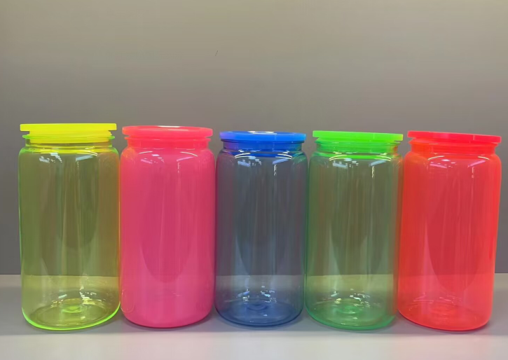 25 Pack 50 Pack 16oz Neon Glass Cans/Plastic 17oz Neon Mugs with Straws and Lids for Uv Dtf Wraps_GGblanks