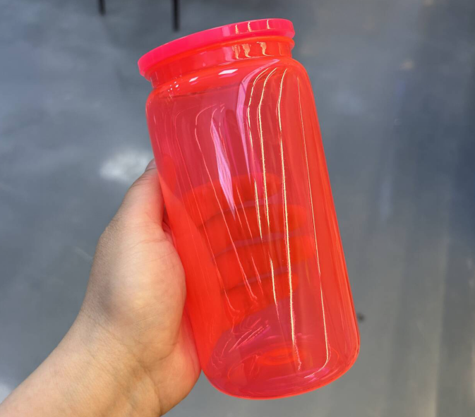 25 Pack 50 Pack 16oz Neon Glass Cans/Plastic 17oz Neon Mugs with Straws and Lids for Uv Dtf Wraps_GGblanks