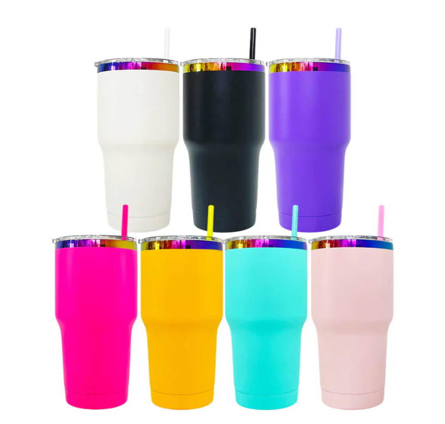 25 Pack Yeti Power coated 30oz rainbow plated tumblers with colorful straws_GGblanks