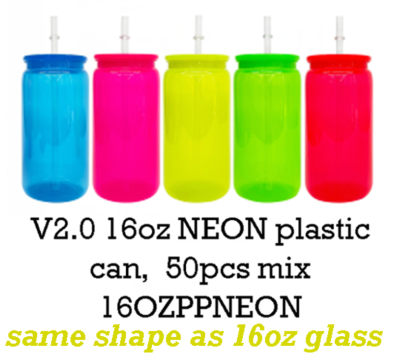 25 Pack 50 Pack 16oz Neon Glass Cans/Plastic 17oz Neon Mugs with Straws and Lids for Uv Dtf Wraps_GGblanks