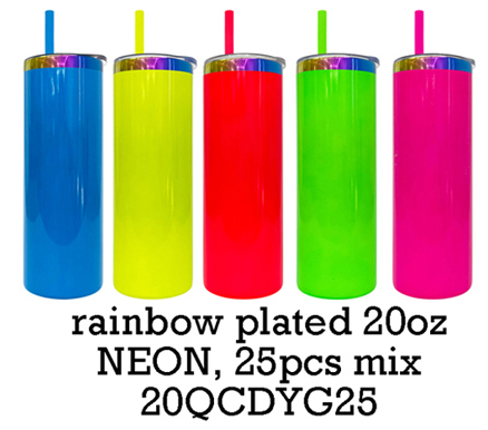 20 Pack 20oz neon rainbow plated double walled stainless steel tumblers for sublimation and laser engraving_GGblanks