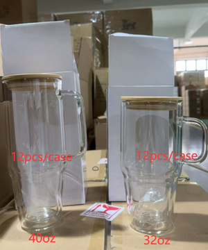 12 Pack 32oz 40oz Predrilled Glass Snow Globe Tumblers with Bamboo Lids Straws and Plugs for Sublimation_GGblanks