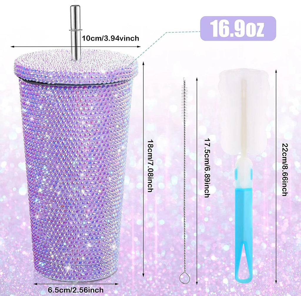 😍China RTS_16oz bling diamond-encrusted cup double-layer stainless steel straw cup stick drill rhinestone coffee cup