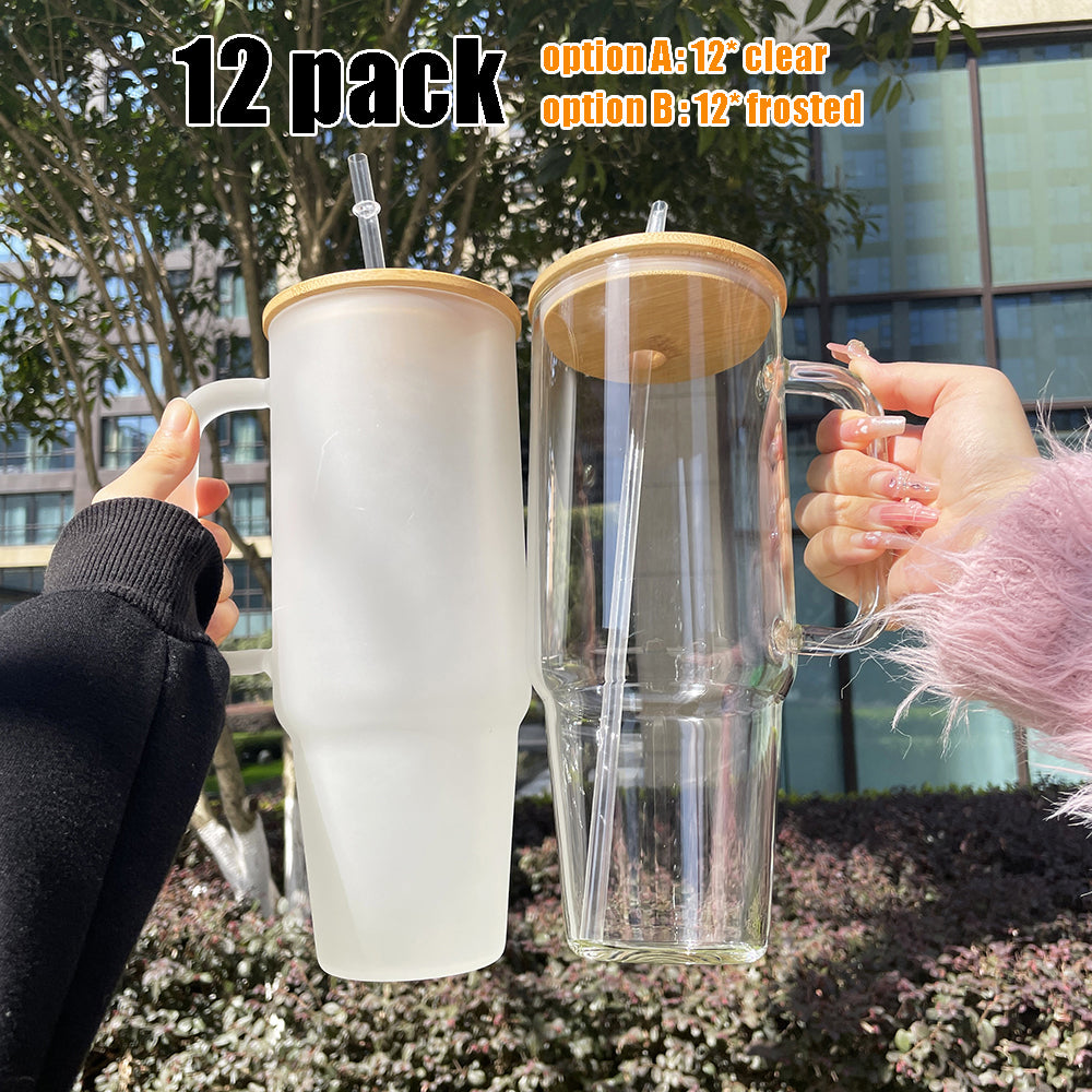 12 Pack 40oz Clear Frosted Glass Tumbler Glass Tumbler with Bamboo Lids_GGblanks