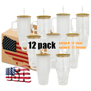 12 Pack 40oz Clear Frosted Glass Tumbler Glass Tumbler with Bamboo Lids_GGblanks