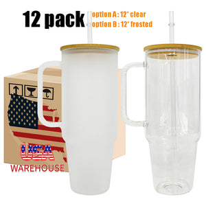 12 Pack 40oz Clear Frosted Glass Tumbler Glass Tumbler with Bamboo Lids_GGblanks