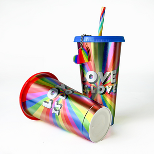 100 Pack 24oz Rainbow Laser Plastic Cups with with Colored Keychain_GGblanks