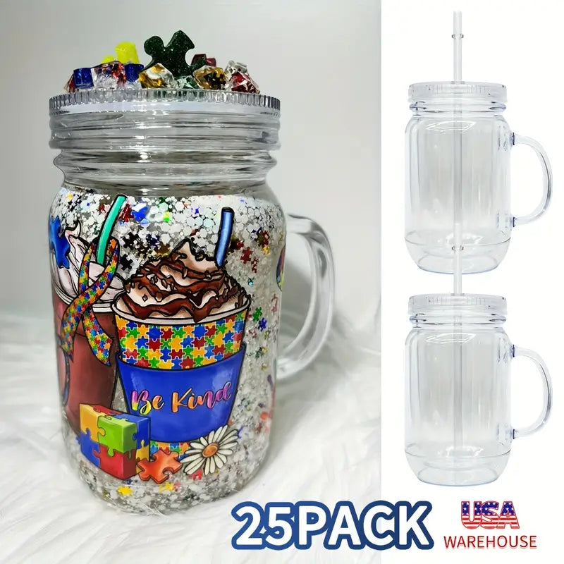 25 Pack Double Walled Mason Jars 20oz Plastic Cups with Handles for Snow Globe_GGblanks