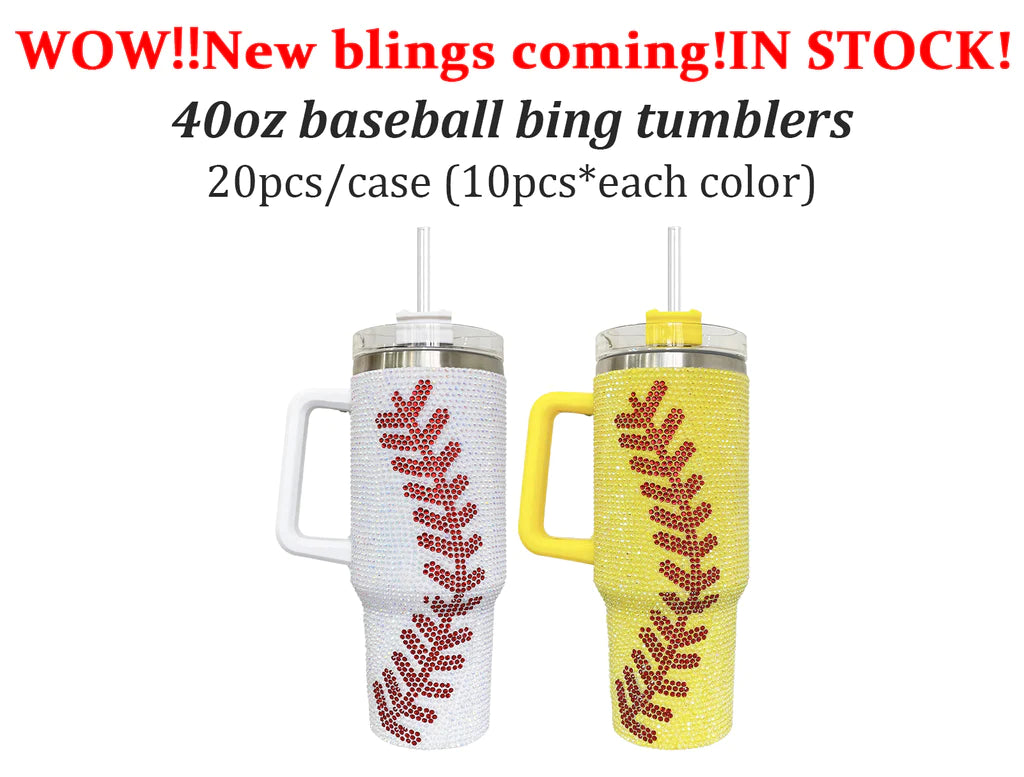 20 Pack 40oz H1.0 Yellow Tumbler with Baseball Bling Rhinestone_GGblanks