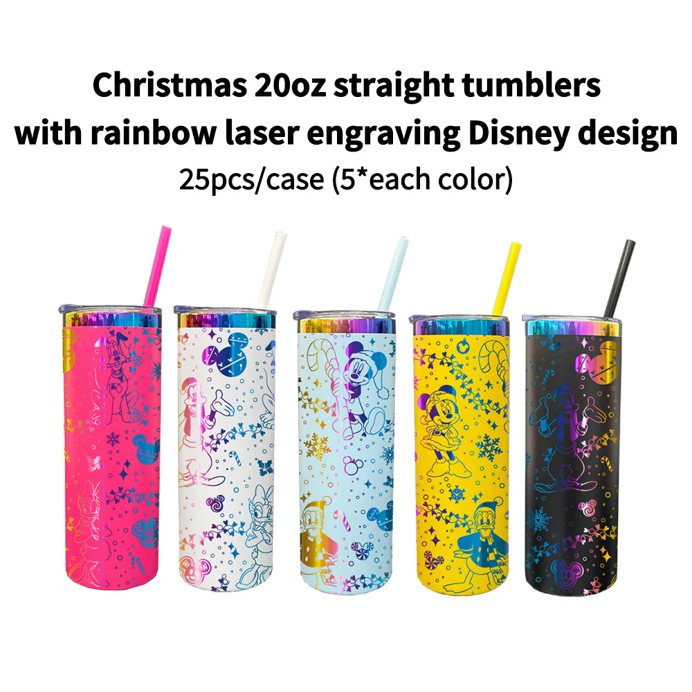 25 Pack 20oz Christmas straight tumblers with rainbow laser engraving Disney design_GGblanks