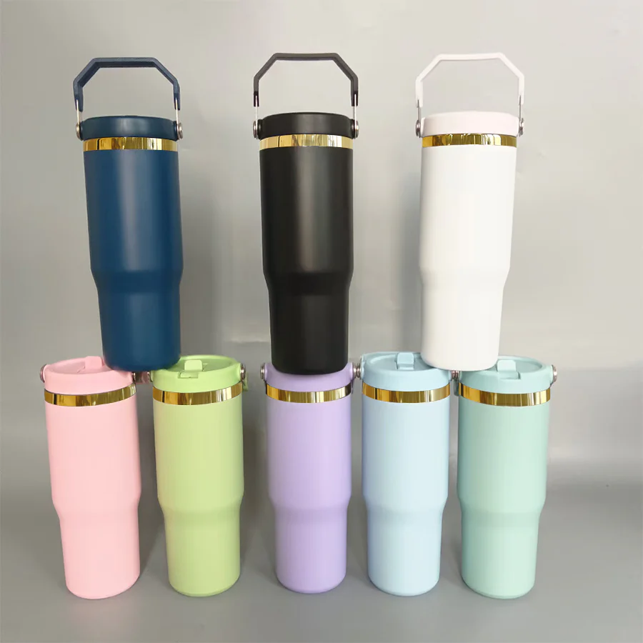 25 Pack 30oz Silver/Mirror Gold Plated Powder Coated Water Bottles with Flip Straws_GGblanks