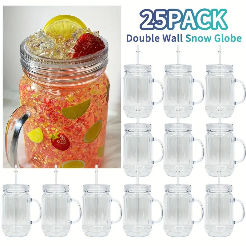 25 Pack Double Walled Mason Jars 20oz Plastic Cups with Handles for Snow Globe_GGblanks
