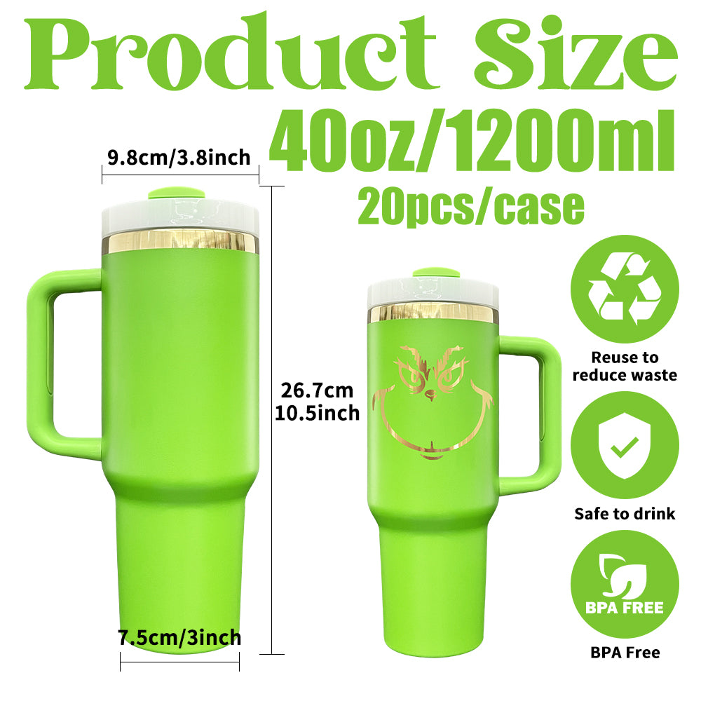 20 Pack Mirror Gold Plated Christmas Green Powder Coated H2.0 30oz 40oz Tumblers with Grinch Laser_GGblanks