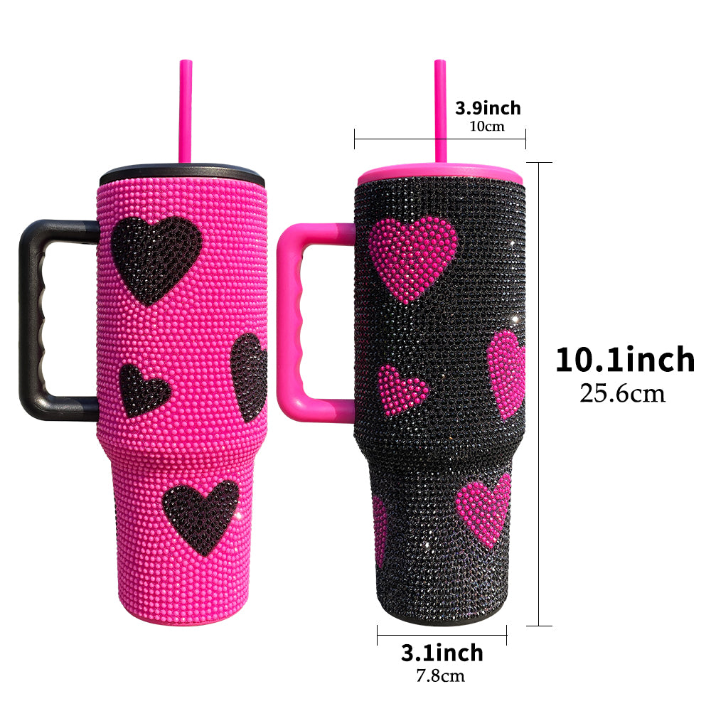 20 Pack USA RTS Hot Pink Black 40oz Sweet Heart Print/Football Diamond Bling Rhinestone Tumblers_GGblanks