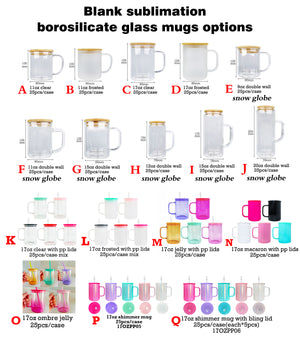 25 Pack Mutiful Size 9oz/11oz/12oz/15oz/17oz/20oz Glass Jelly Macaron Mugs Blank Sublimation or Snow Globe_GGblanks