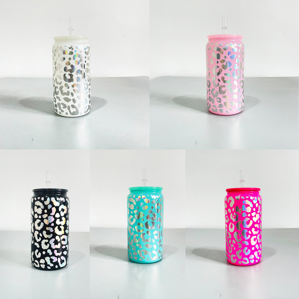 25 Pack 50 Pack 16oz Black Pink Teal White Clear with Holographic Leopard Glass Cans_GGblanks