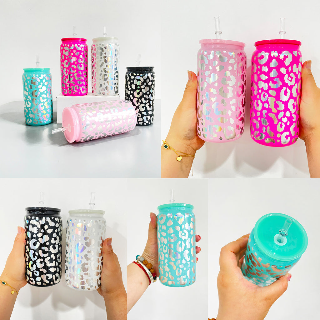 25 Pack 50 Pack 16oz Black Pink Teal White Clear with Holographic Leopard Glass Cans_GGblanks