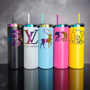 25 Pack 20oz Powder Coated Stainless Steel Straight Skinny Tumbler Rainbow Plated Rainbow Underneath Tumbler for Laser Engraving_GGblanks