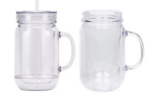 25 Pack Double Walled Mason Jars 20oz Plastic Cups with Handles for Snow Globe_GGblanks