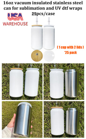 25 Pack 16oz Vacuum lnsulated White Blank Sublimation Stainless steel Can_GGblanks