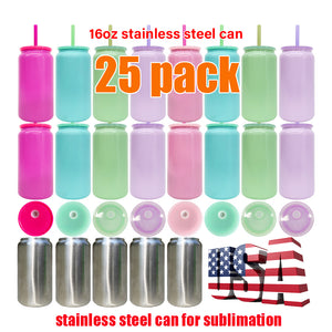 25 Pack 16oz Sublimation Candy Blue Pink Hot Pink Green Colorful Stainless Steel Cans_GGblanks