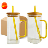China RTS_13.5oz 400Ml Clear Square Glass Mug with Clored Handle with Bamboo Lid Sold by Case-GGblanks