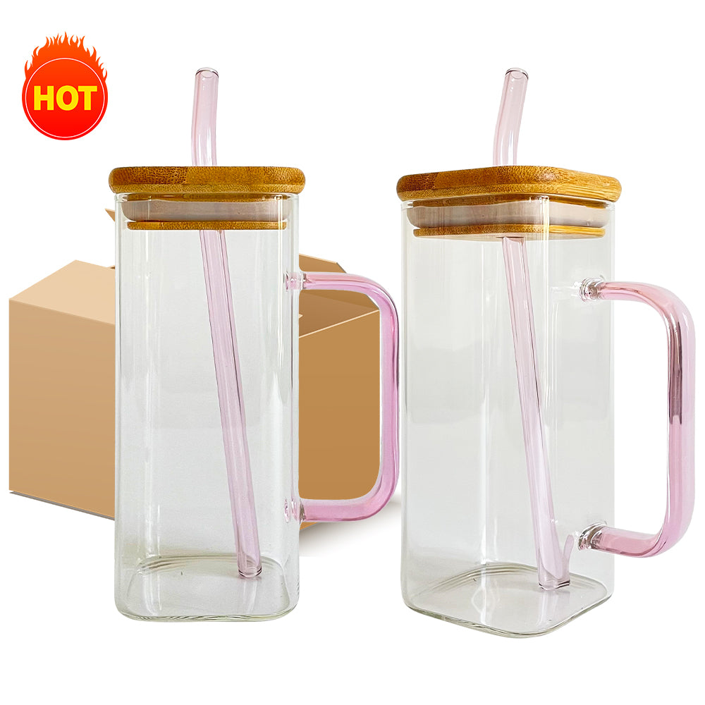 China RTS_13.5oz 400Ml Clear Square Glass Mug with Clored Handle with Bamboo Lid Sold by Case-GGblanks